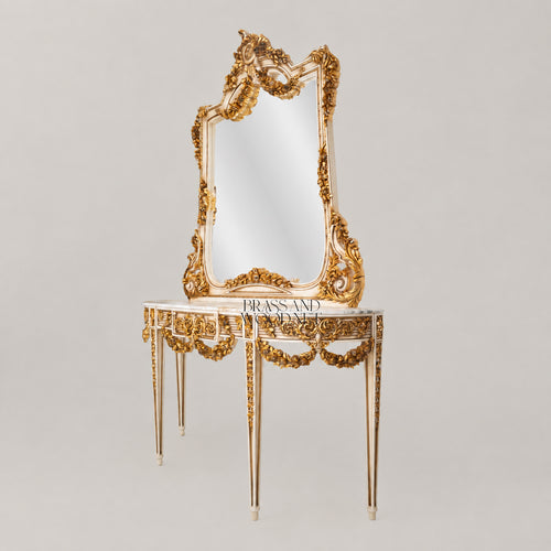 Belle Époque Gilded Wood Console Table - Carved Floral Swags, Marble Top & Mirror