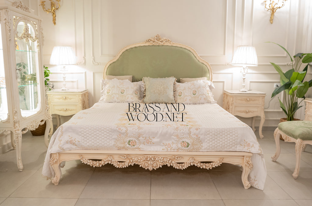 Louis XV Rococo Revival Bedroom Set — Arched Carved Headboard with Sage Damask & Cane Canapé