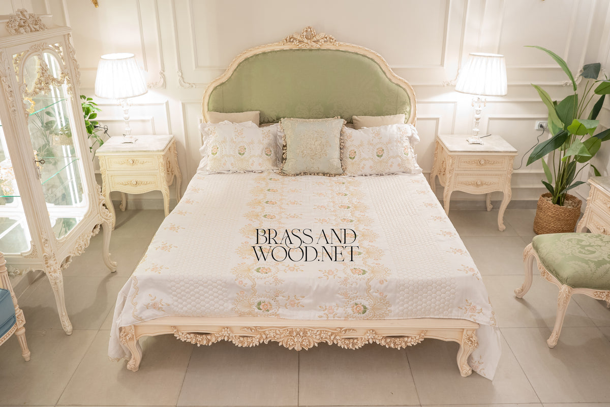 Louis XV Rococo Revival Bedroom Set — Arched Carved Headboard with Sage Damask & Cane Canapé