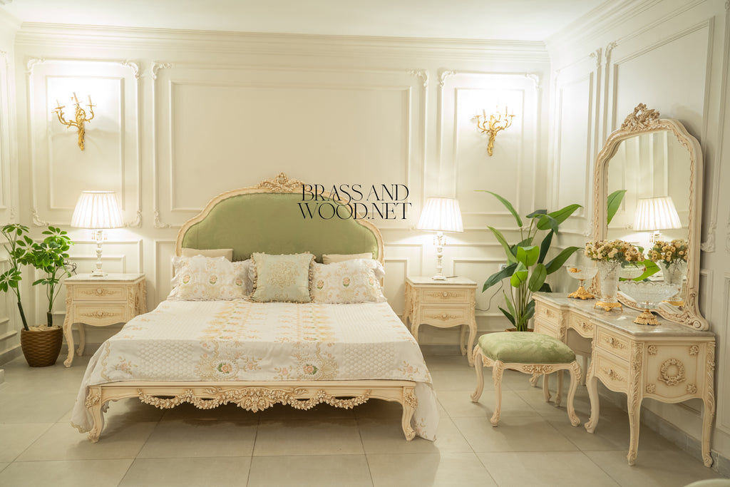 Louis XV Rococo Revival Bedroom Set — Arched Carved Headboard with Sage Damask & Cane Canapé