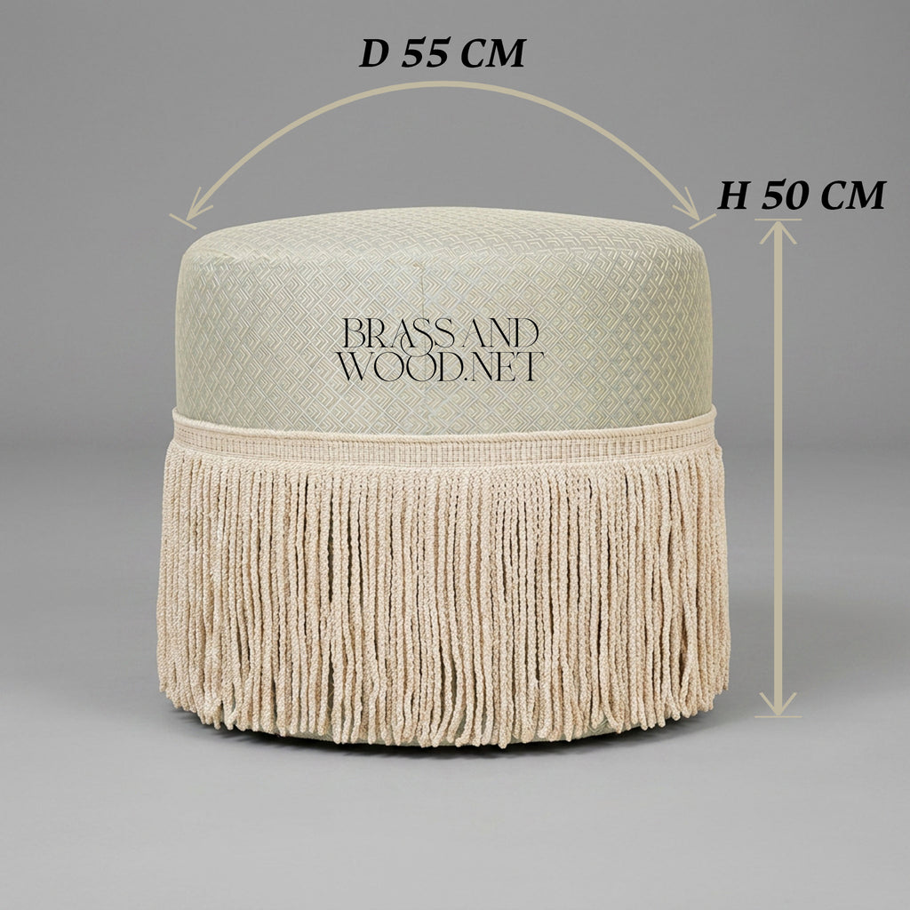 Round Fringed Dressing Stool in Ivory Damask