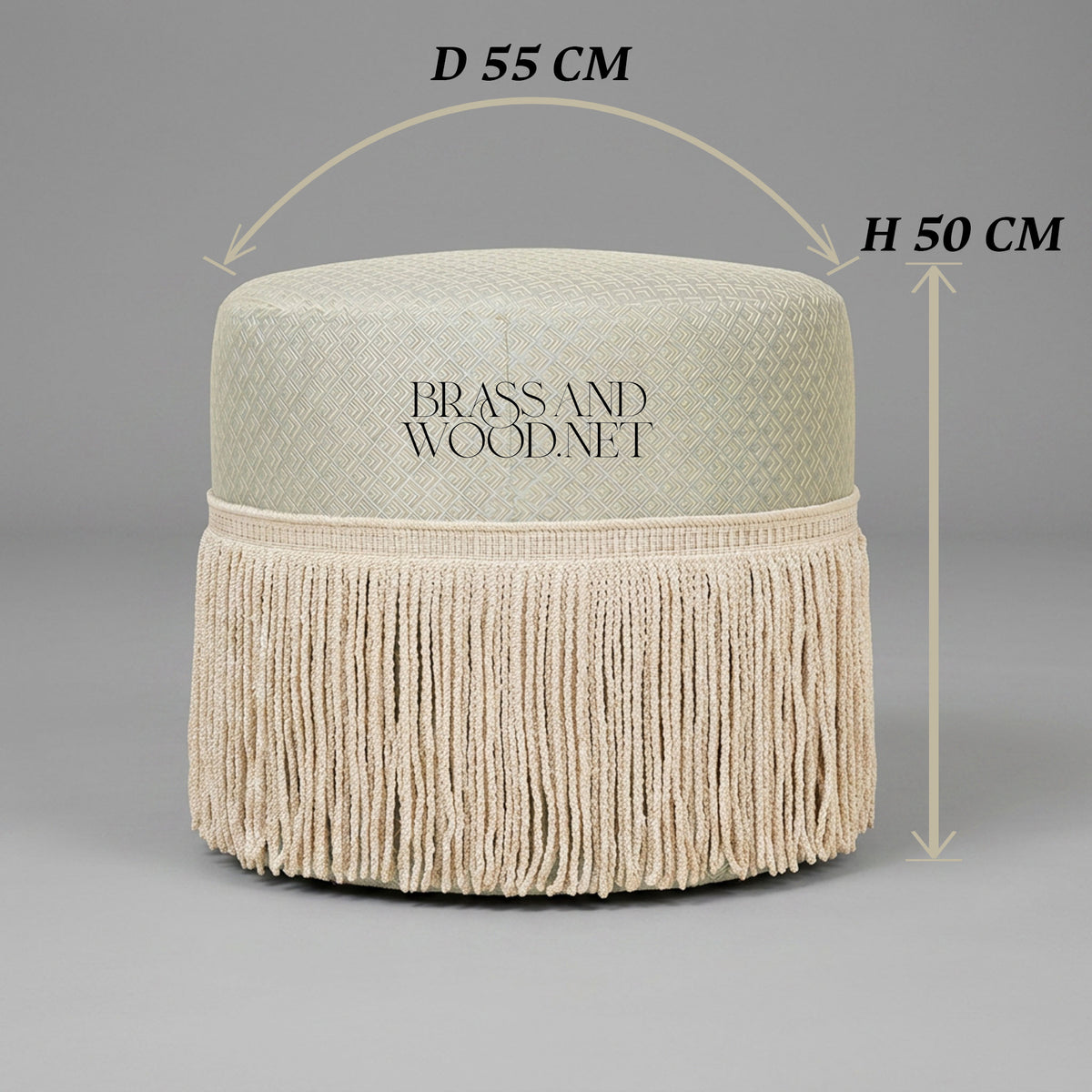 Round Fringed Dressing Stool in Ivory Damask