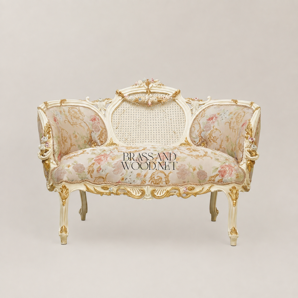 Louis XV Rococo Ivory Canapé Sofa with Cane Medallion Back & Floral Jacquard