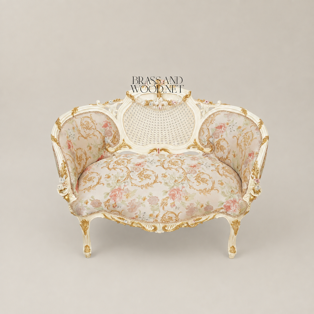 Louis XV Rococo Ivory Canapé Sofa with Cane Medallion Back & Floral Jacquard