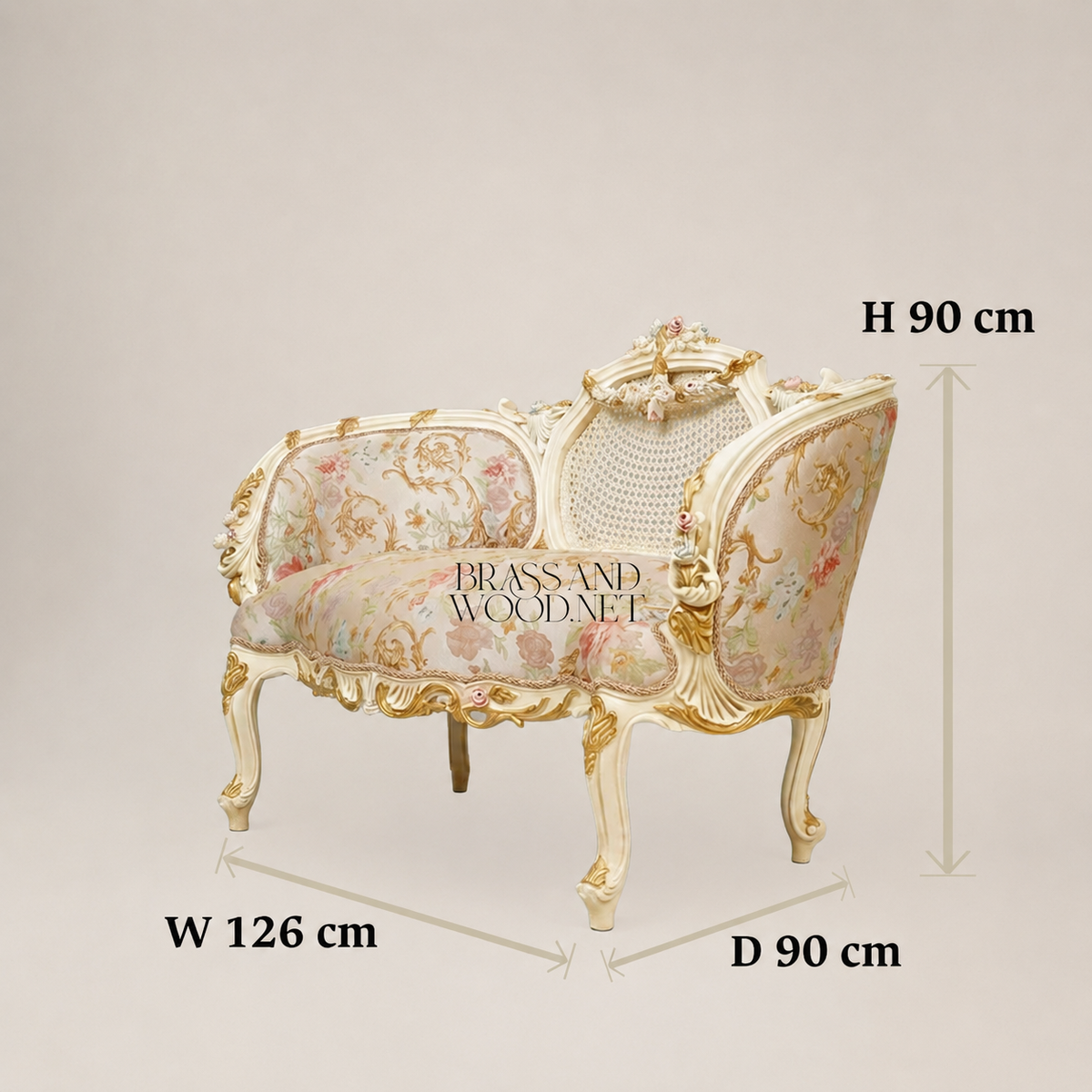 Louis XV Rococo Ivory Canapé Sofa with Cane Medallion Back & Floral Jacquard