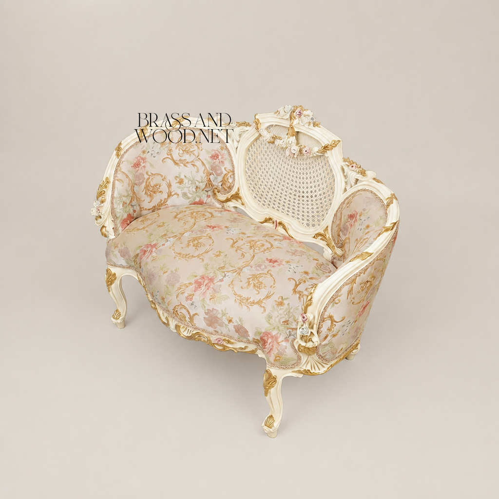 Louis XV Rococo Ivory Canapé Sofa with Cane Medallion Back & Floral Jacquard