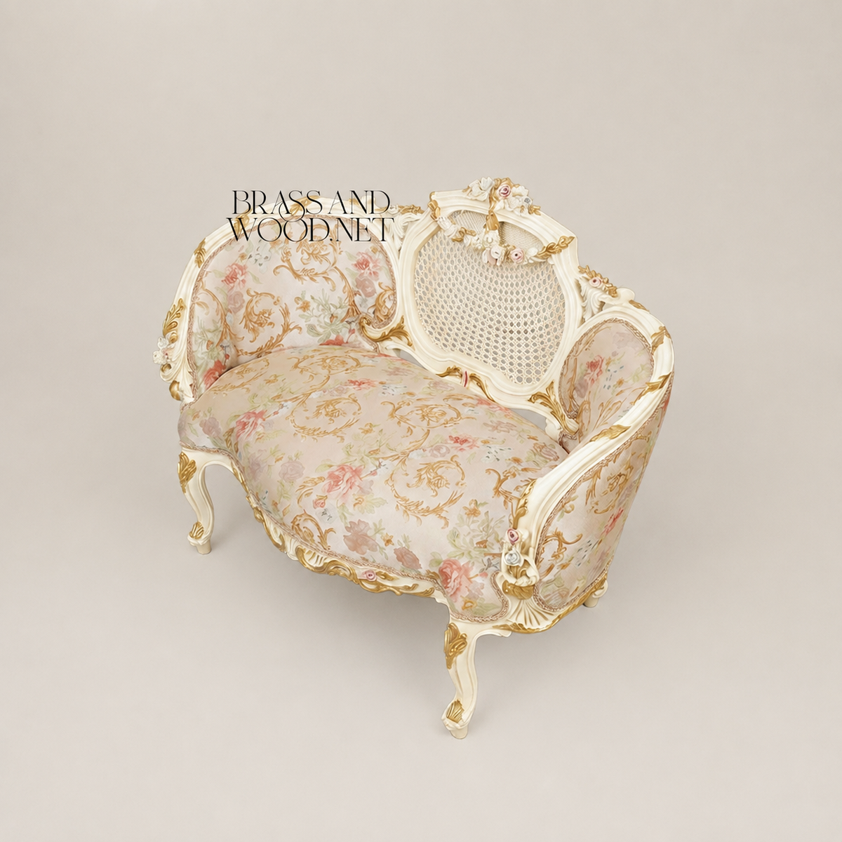 Louis XV Rococo Ivory Canapé Sofa with Cane Medallion Back & Floral Jacquard
