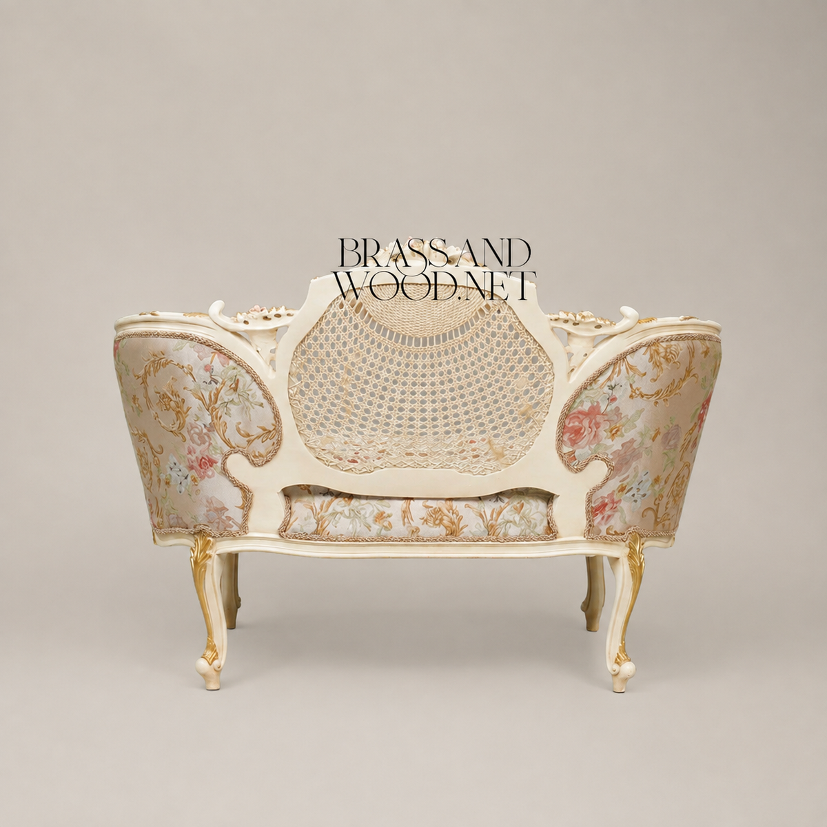 Louis XV Rococo Ivory Canapé Sofa with Cane Medallion Back & Floral Jacquard