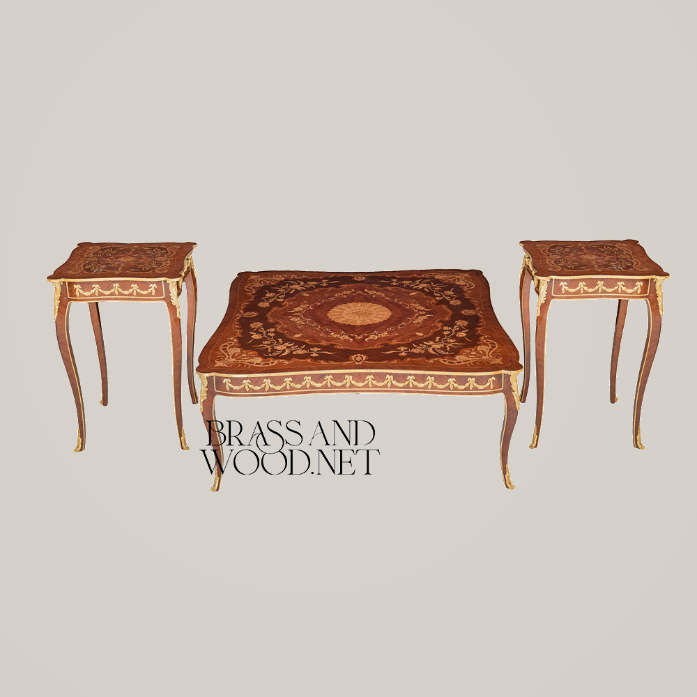 Louis XV Marquetry Coffee & Corner Table Set with Gilt Bronze Mounts
