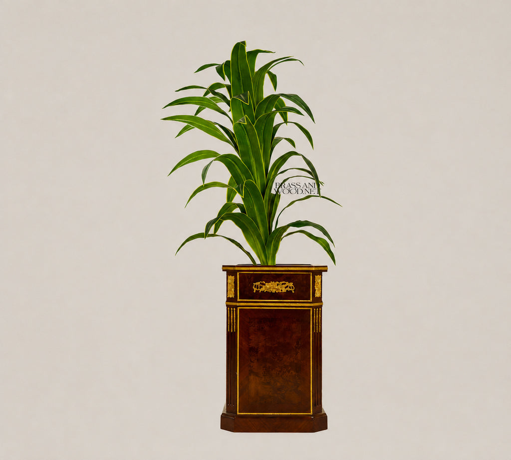 Wooden Planter Cachepot - Plain Brown - 40 cm - Antique Brass