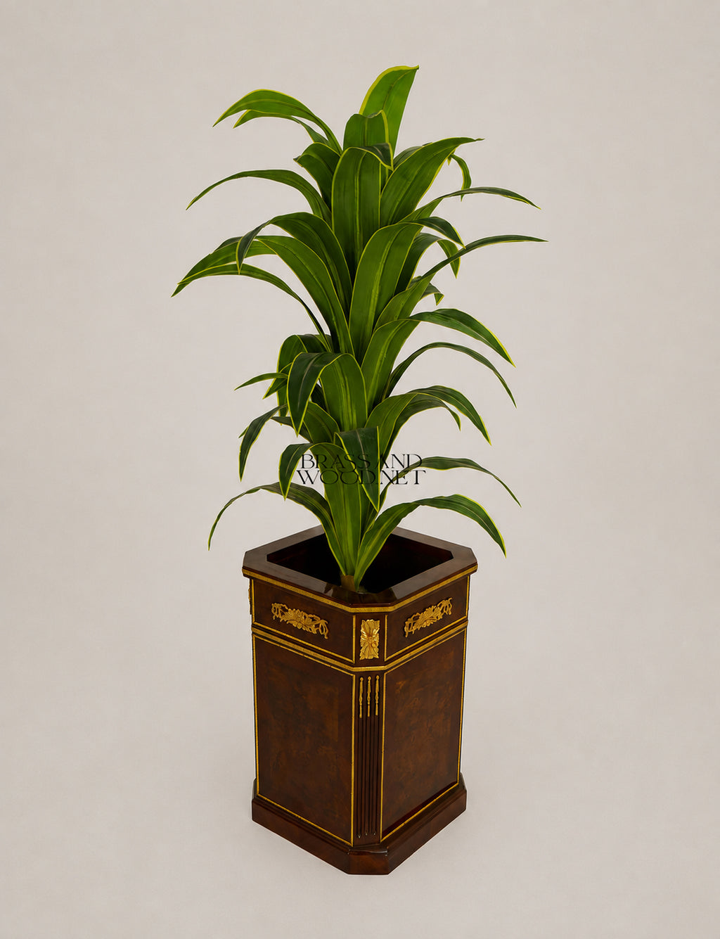 Wooden Planter Cachepot - Plain Brown - 40 cm - Antique Brass