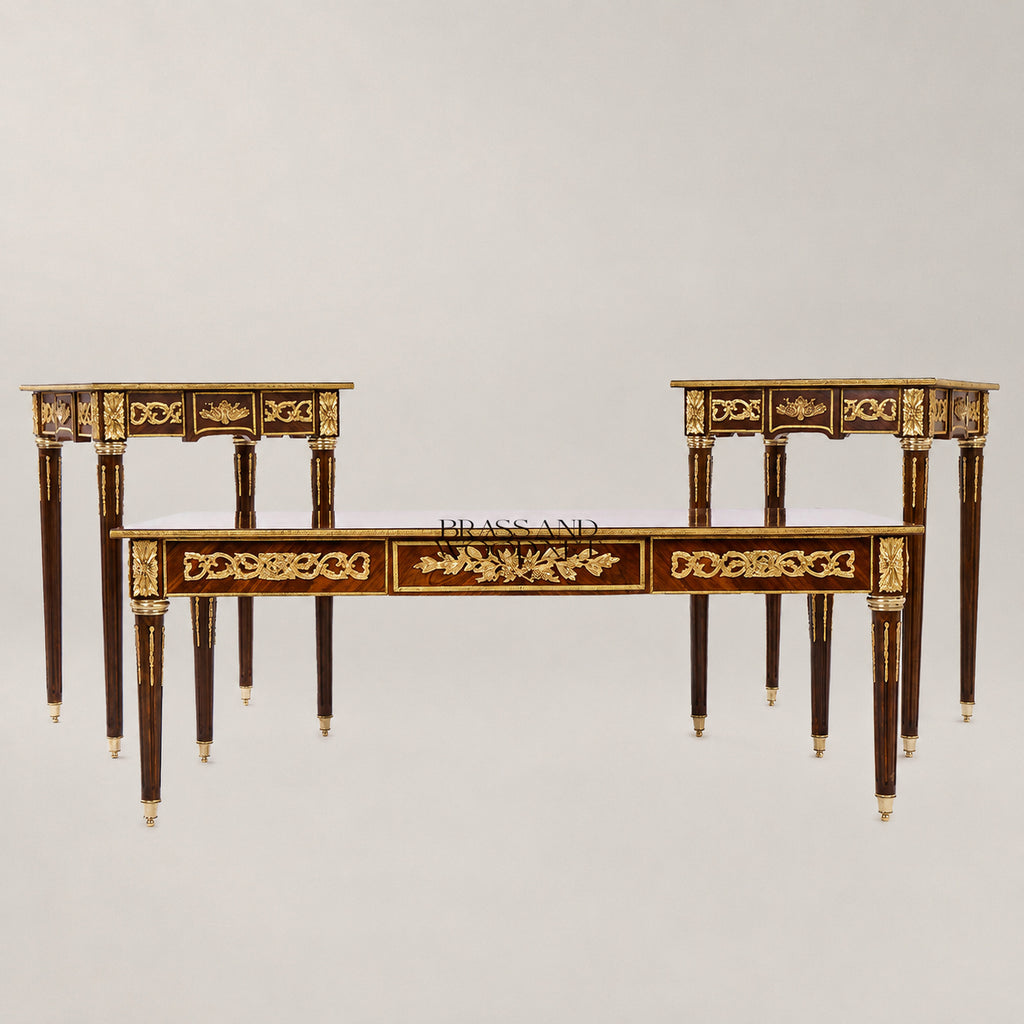 Louis XVI Diamond Parquetry & Ormolu Tea Table Set