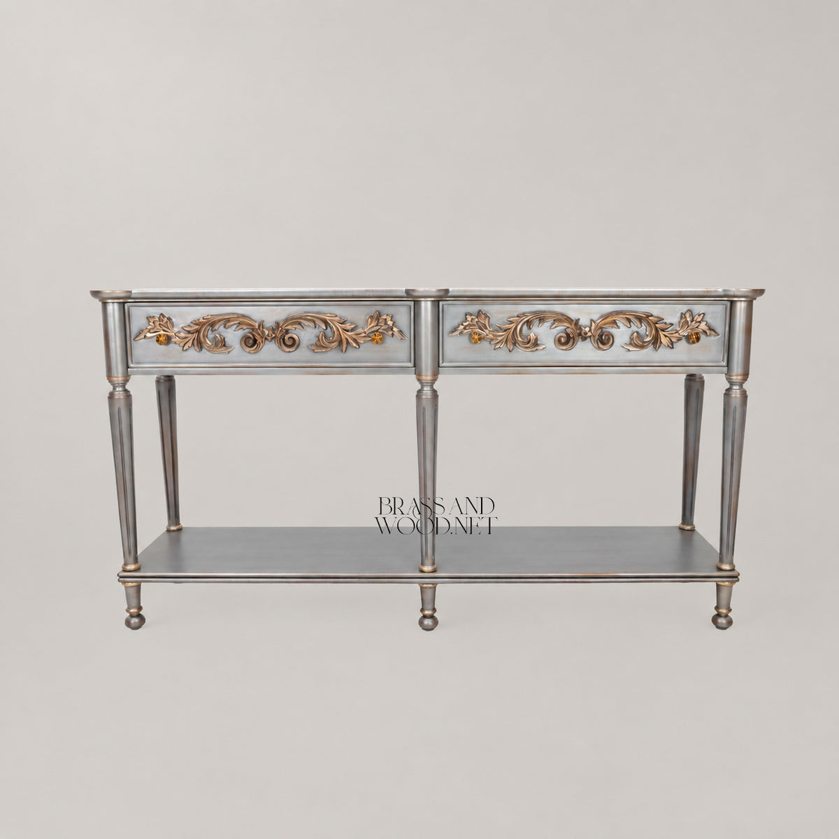 Belle Époque Silver-Painted Solid Wood Console Table - Gilded Acanthus Scroll Drawers