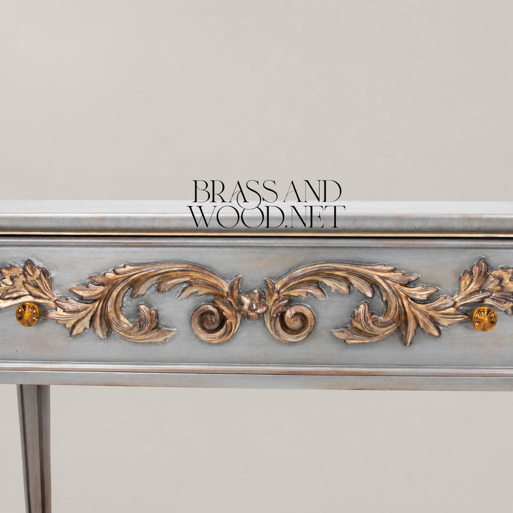 Belle Époque Silver-Painted Solid Wood Console Table - Gilded Acanthus Scroll Drawers