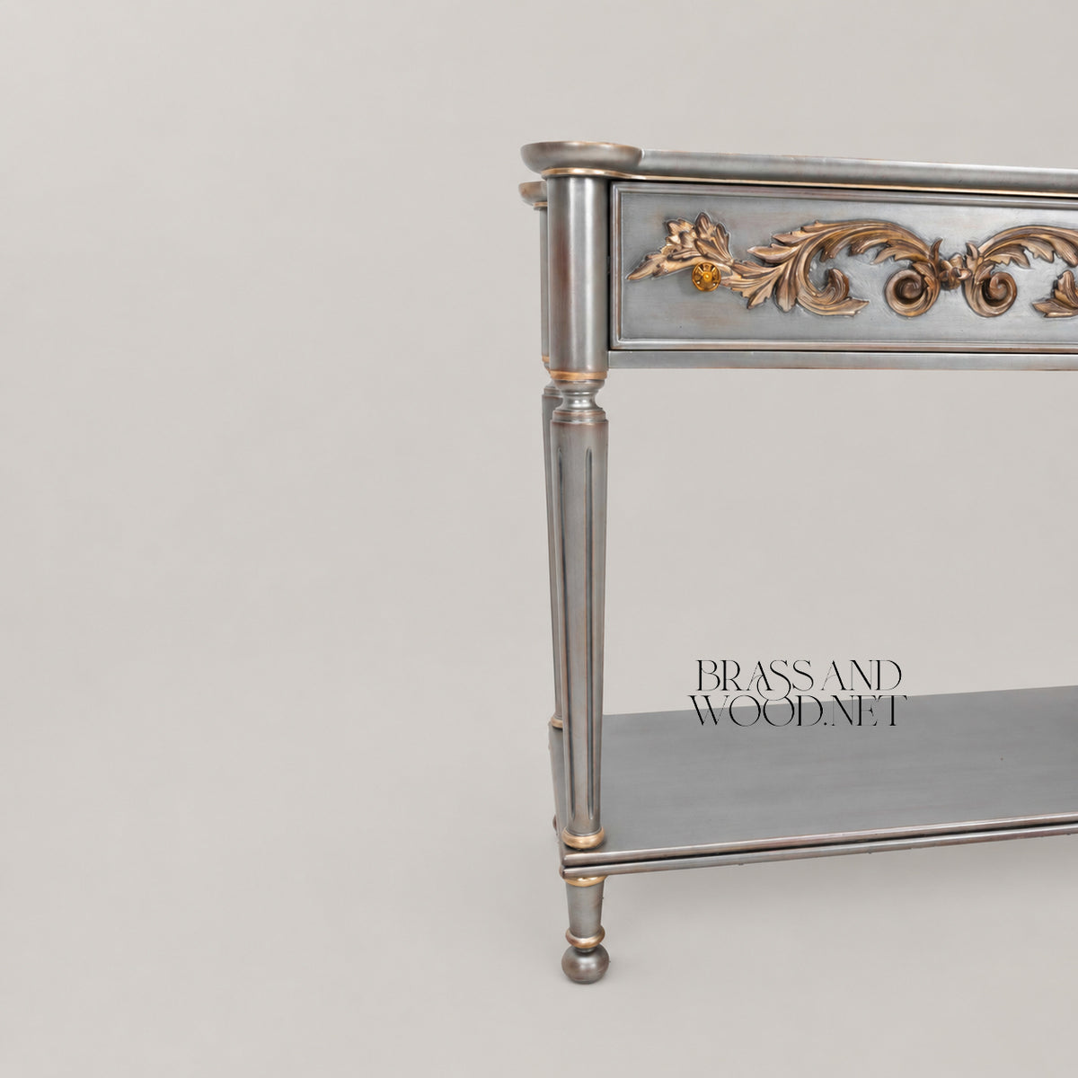 Belle Époque Silver-Painted Solid Wood Console Table - Gilded Acanthus Scroll Drawers