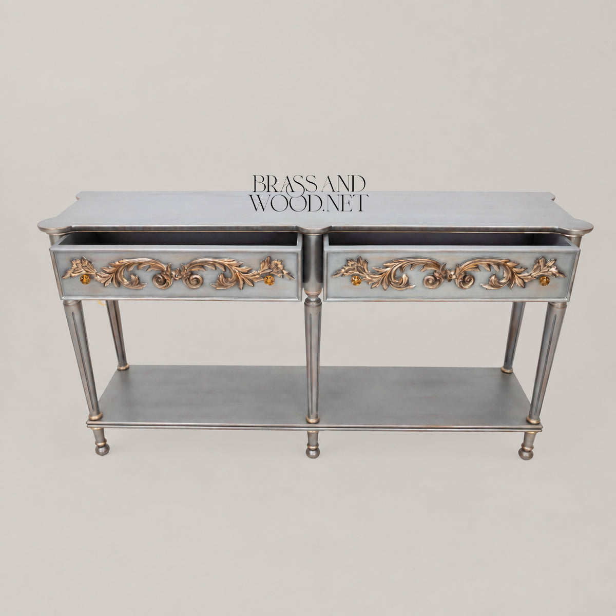 Belle Époque Silver-Painted Solid Wood Console Table - Gilded Acanthus Scroll Drawers