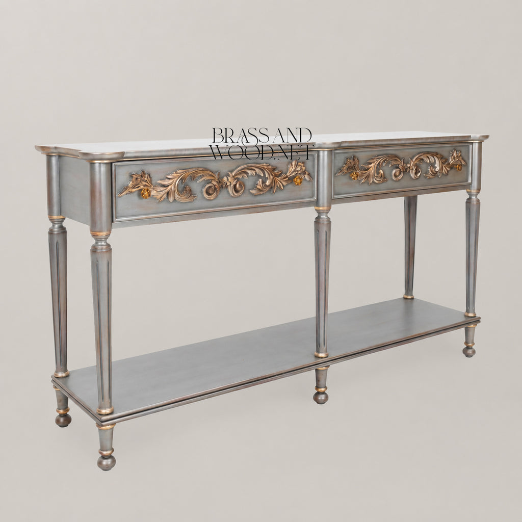 Belle Époque Silver-Painted Solid Wood Console Table - Gilded Acanthus Scroll Drawers
