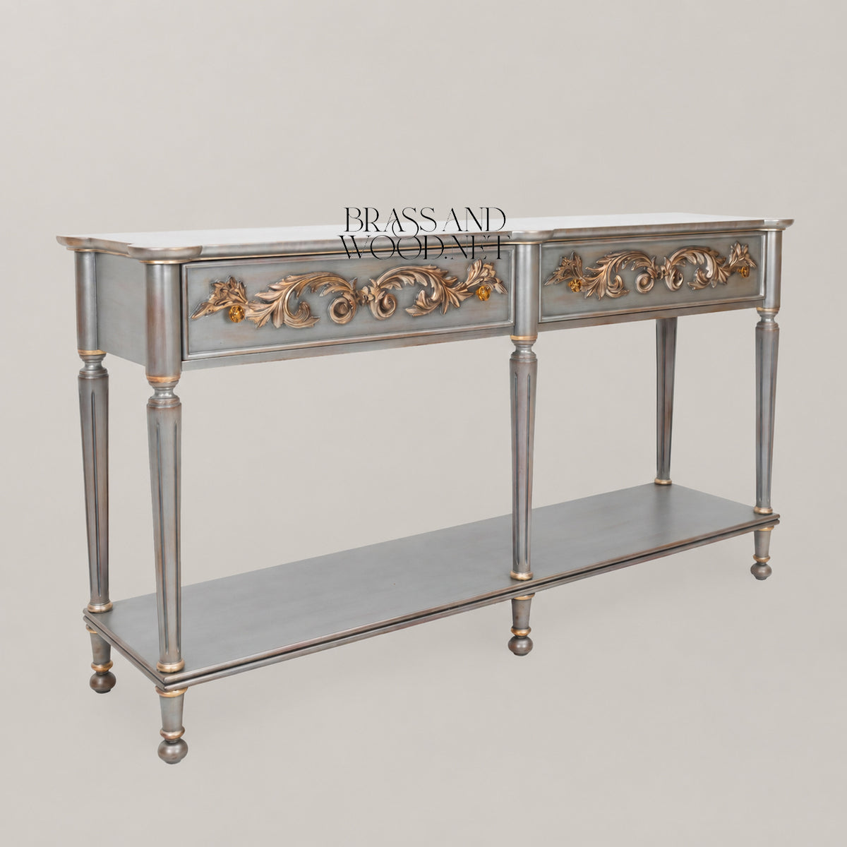 Belle Époque Silver-Painted Solid Wood Console Table - Gilded Acanthus Scroll Drawers