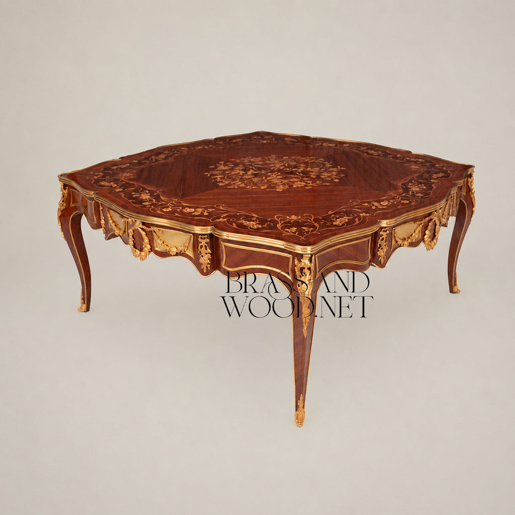 Louis XV Serpentine Marquetry & Ormolu Table Set