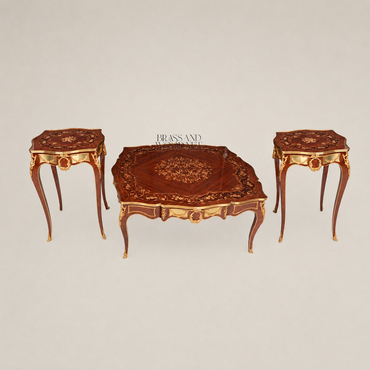 Louis XV Serpentine Marquetry & Ormolu Table Set