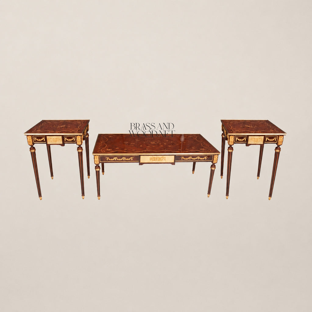 Louis XVI Floral Marquetry & Turned Wood Table Set