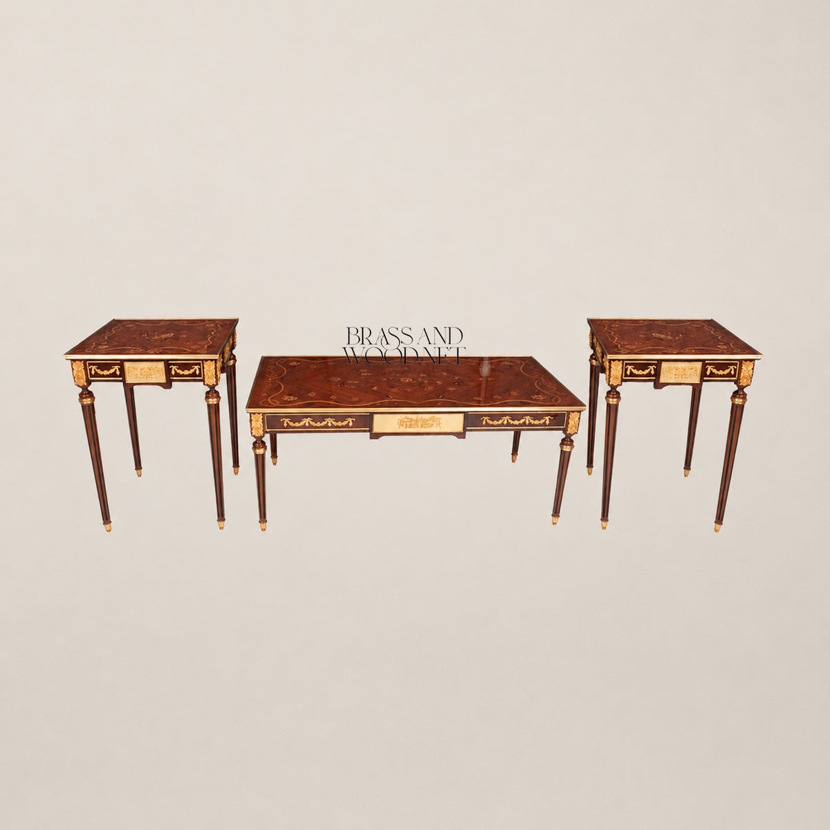 Louis XVI Floral Marquetry & Turned Wood Table Set