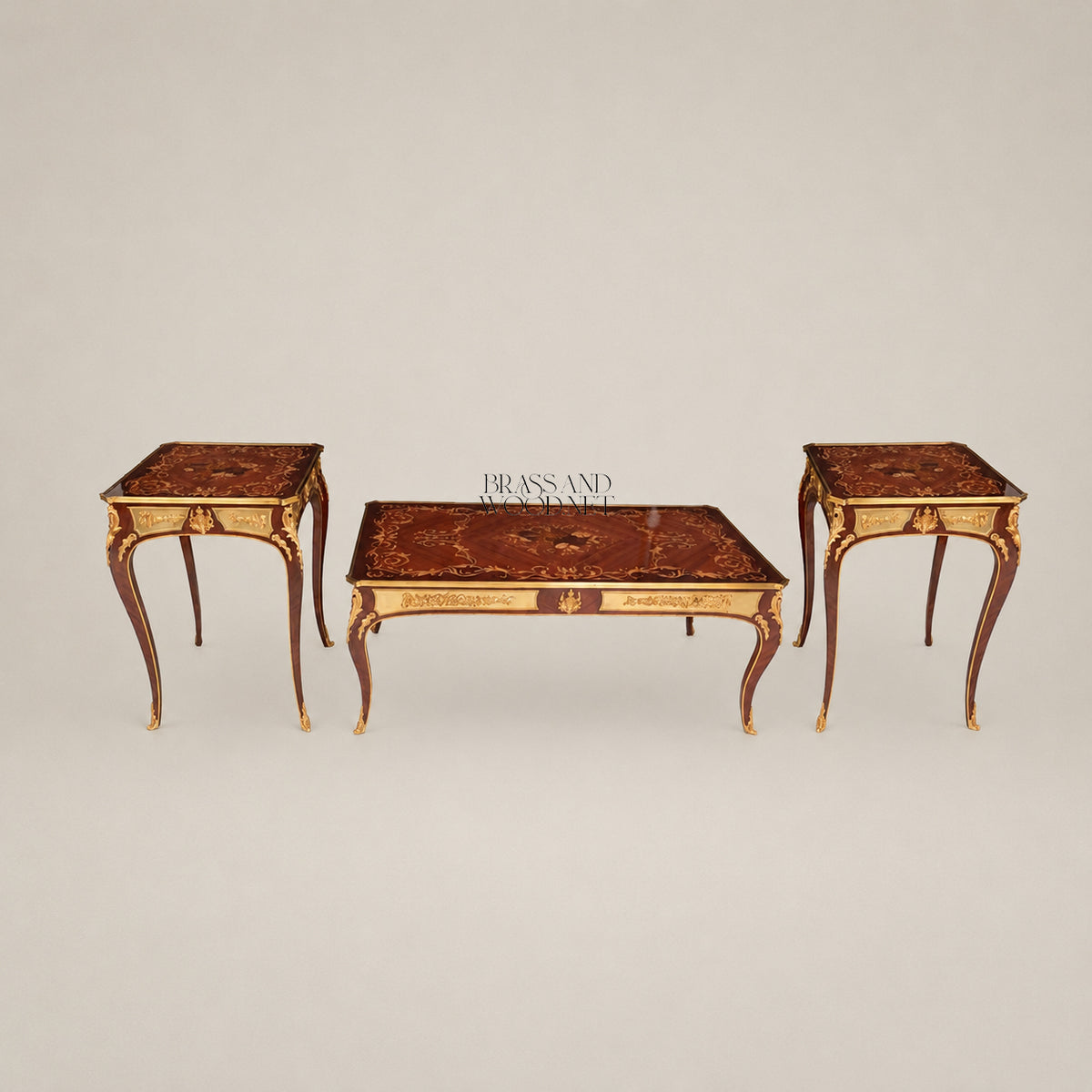 Louis XV Sunburst Marquetry & Porcelain Table Set
