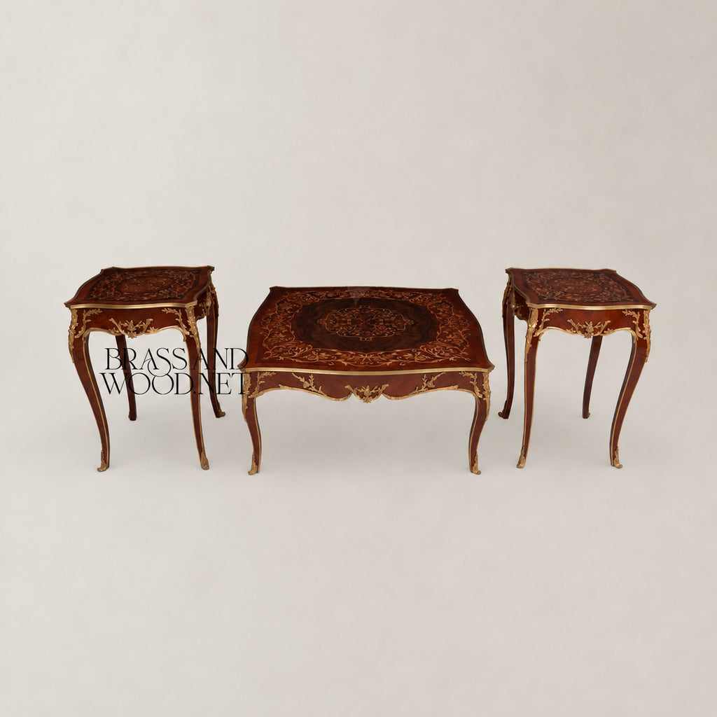 Louis XV Serpentine Marquetry & Gilt Bronze Table Set of 3