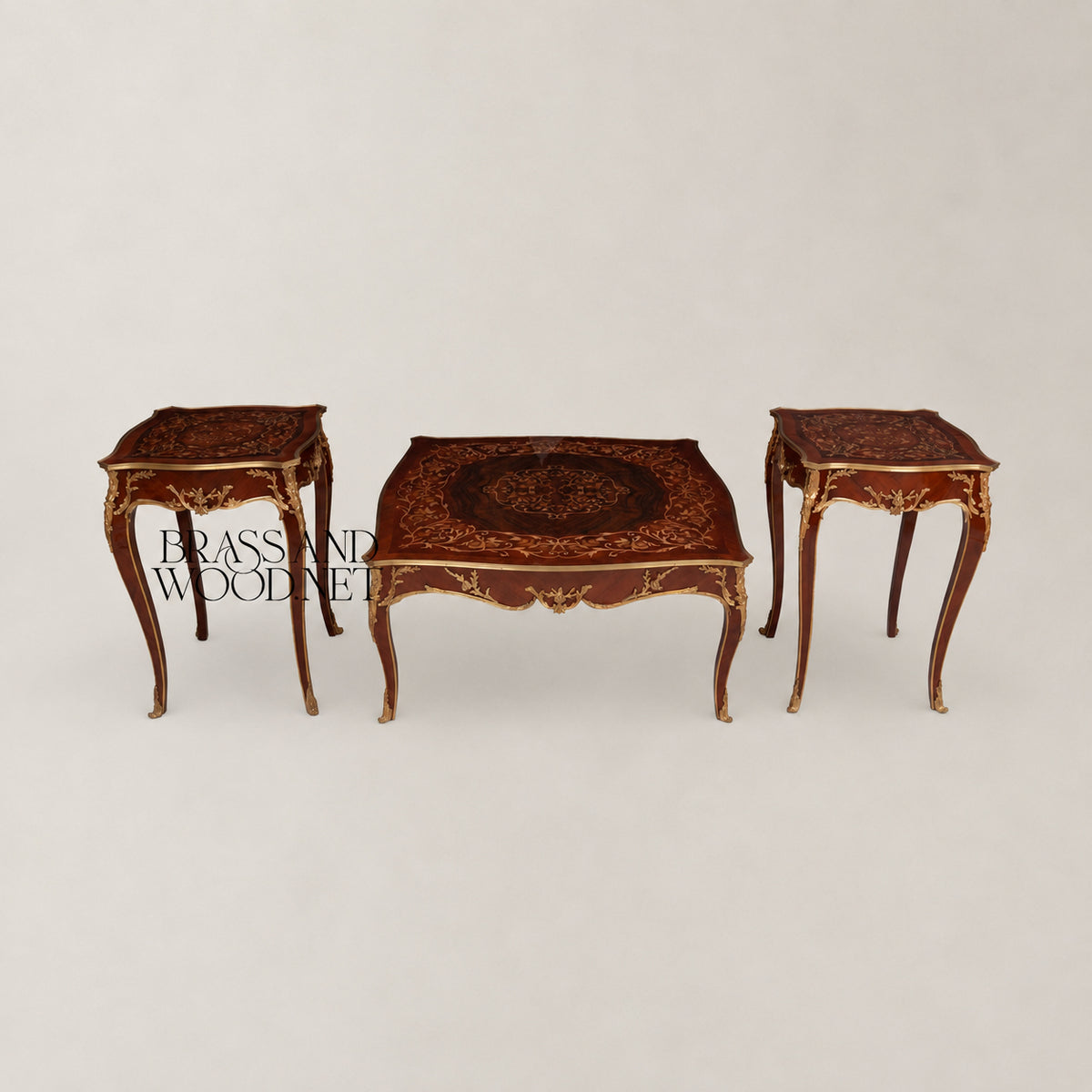 Louis XV Serpentine Marquetry & Gilt Bronze Table Set of 3