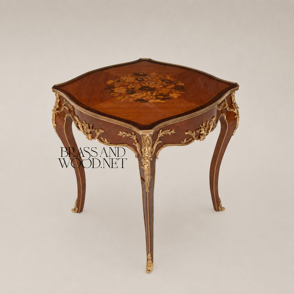 Neoclassical Marquetry & Brass Table Set of 3