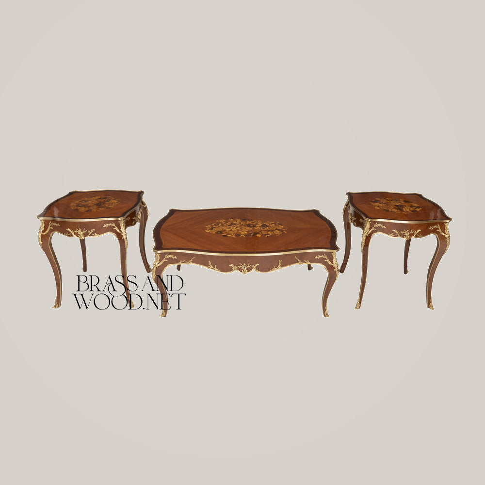 Neoclassical Marquetry & Brass Table Set of 3