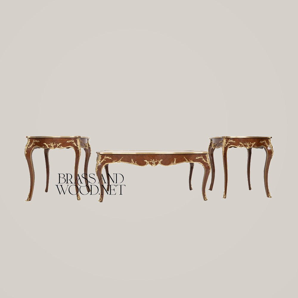 Neoclassical Marquetry & Brass Table Set of 3