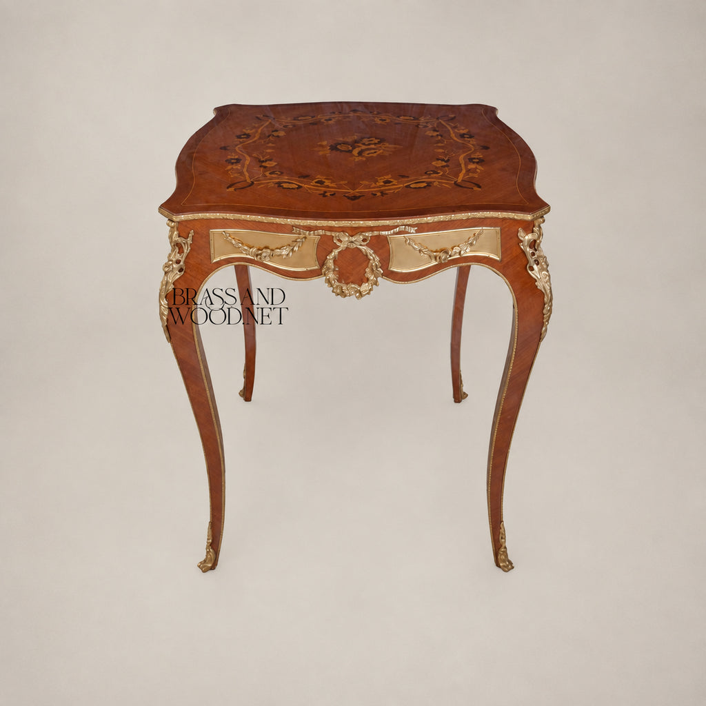 Brown Marquetry & Brass Coffee & Corner Table Set