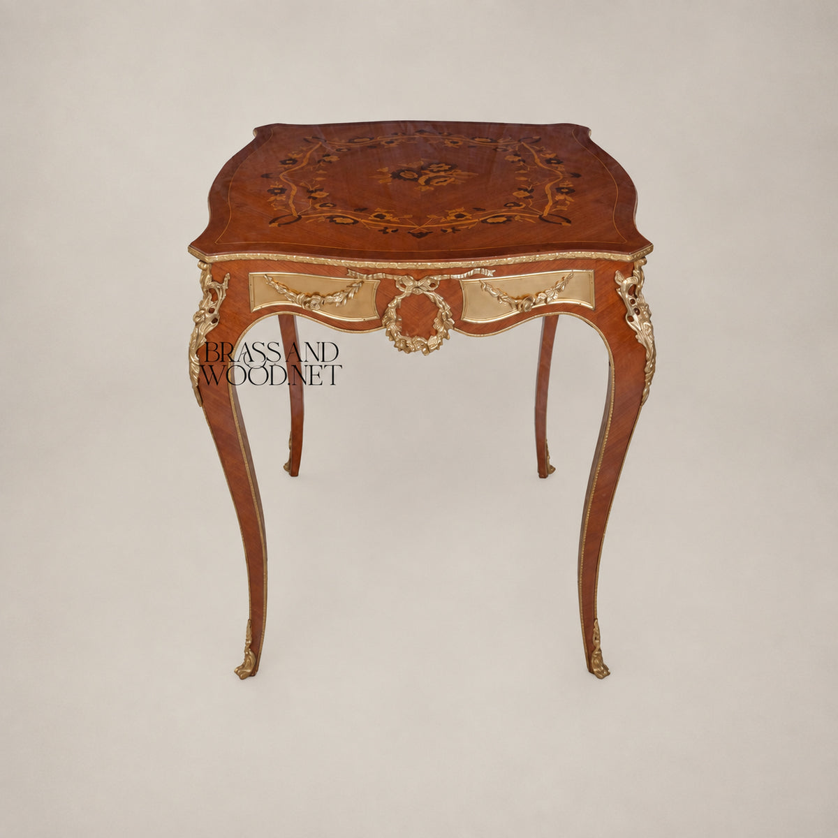 Brown Marquetry & Brass Coffee & Corner Table Set