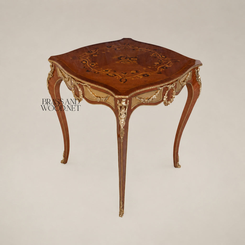 Brown Marquetry & Brass Coffee & Corner Table Set