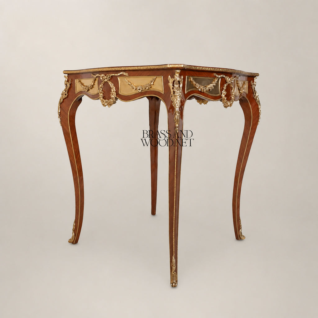 Brown Marquetry & Brass Coffee & Corner Table Set