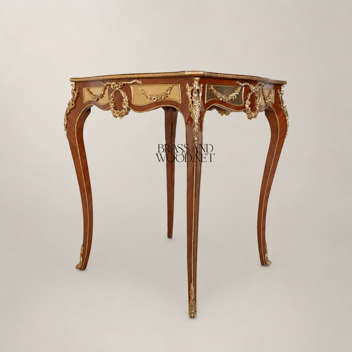 Brown Marquetry & Brass Coffee & Corner Table Set