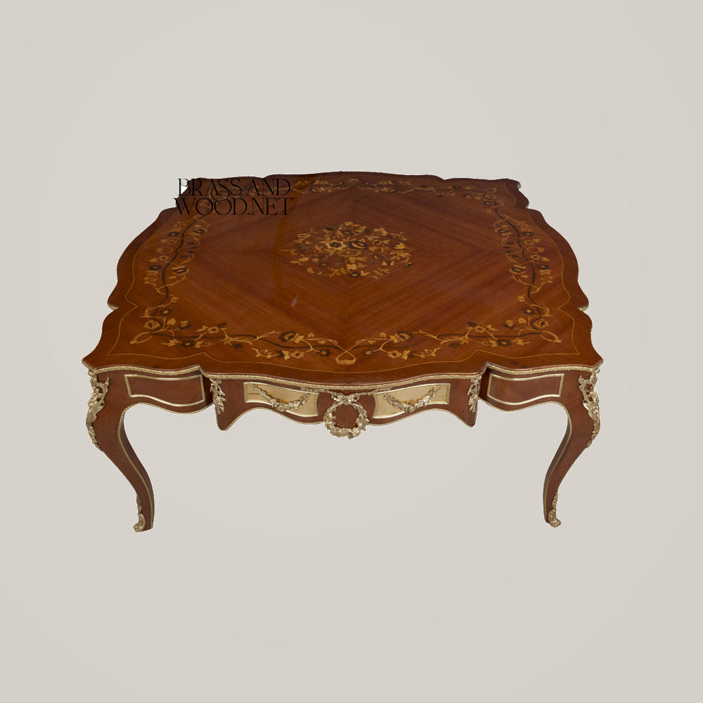 Brown Marquetry & Brass Coffee & Corner Table Set