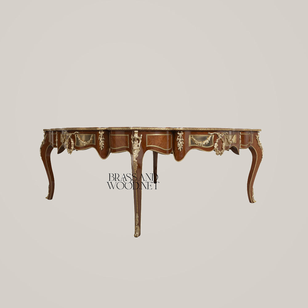 Brown Marquetry & Brass Coffee & Corner Table Set