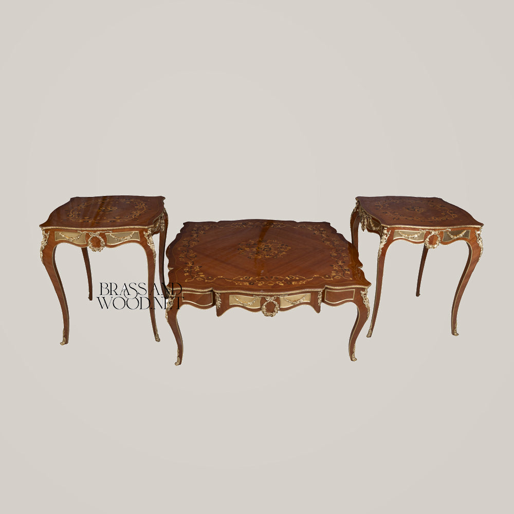 Brown Marquetry & Brass Coffee & Corner Table Set