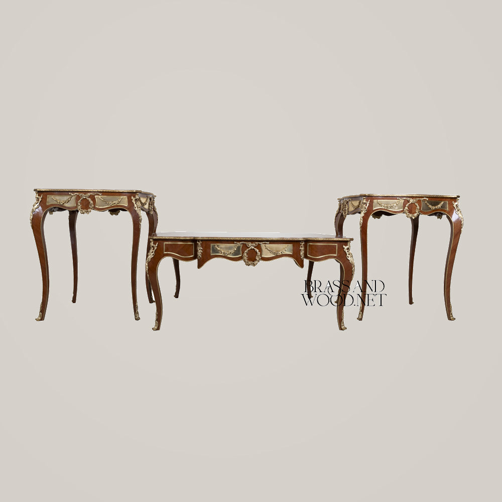 Brown Marquetry & Brass Coffee & Corner Table Set