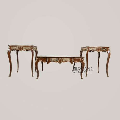 Brown Marquetry & Brass Coffee & Corner Table Set