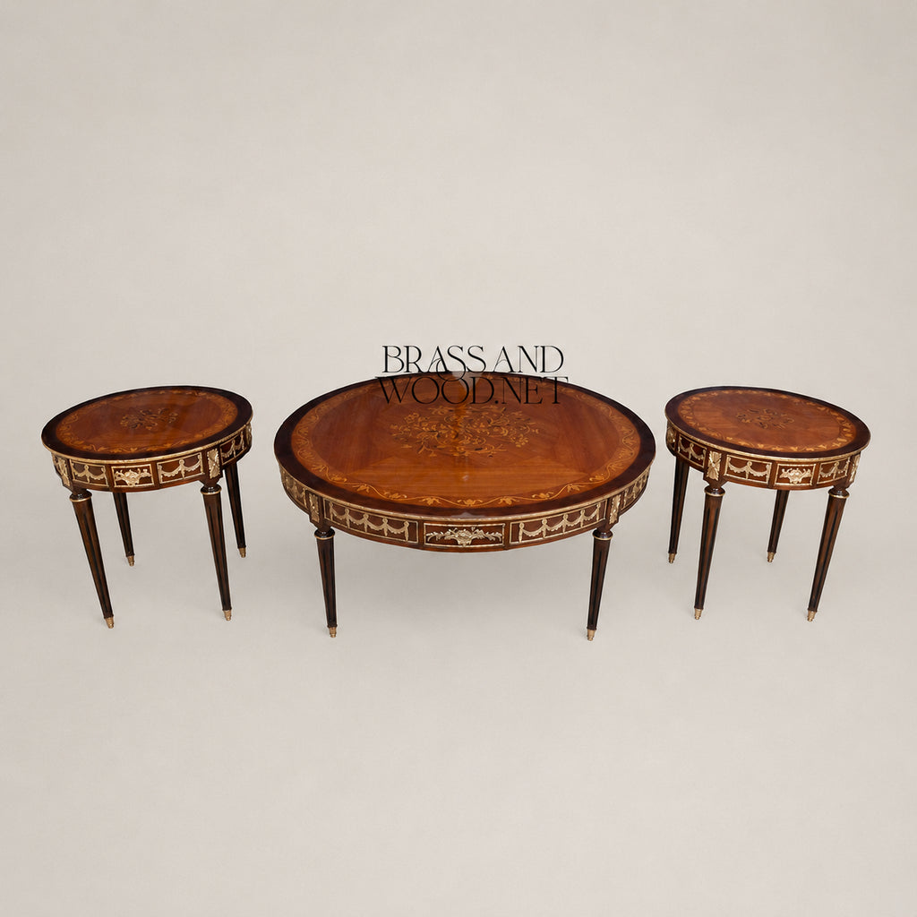 Brass-Trimmed Brown Marquetry Coffee & Corner Table Set