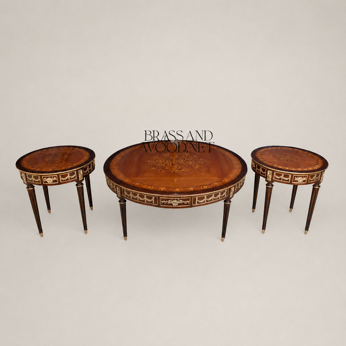 Brass-Trimmed Brown Marquetry Coffee & Corner Table Set