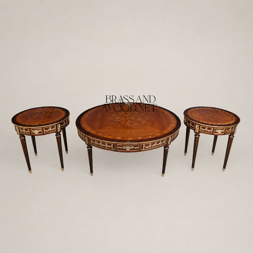Brass-Trimmed Brown Marquetry Coffee & Corner Table Set