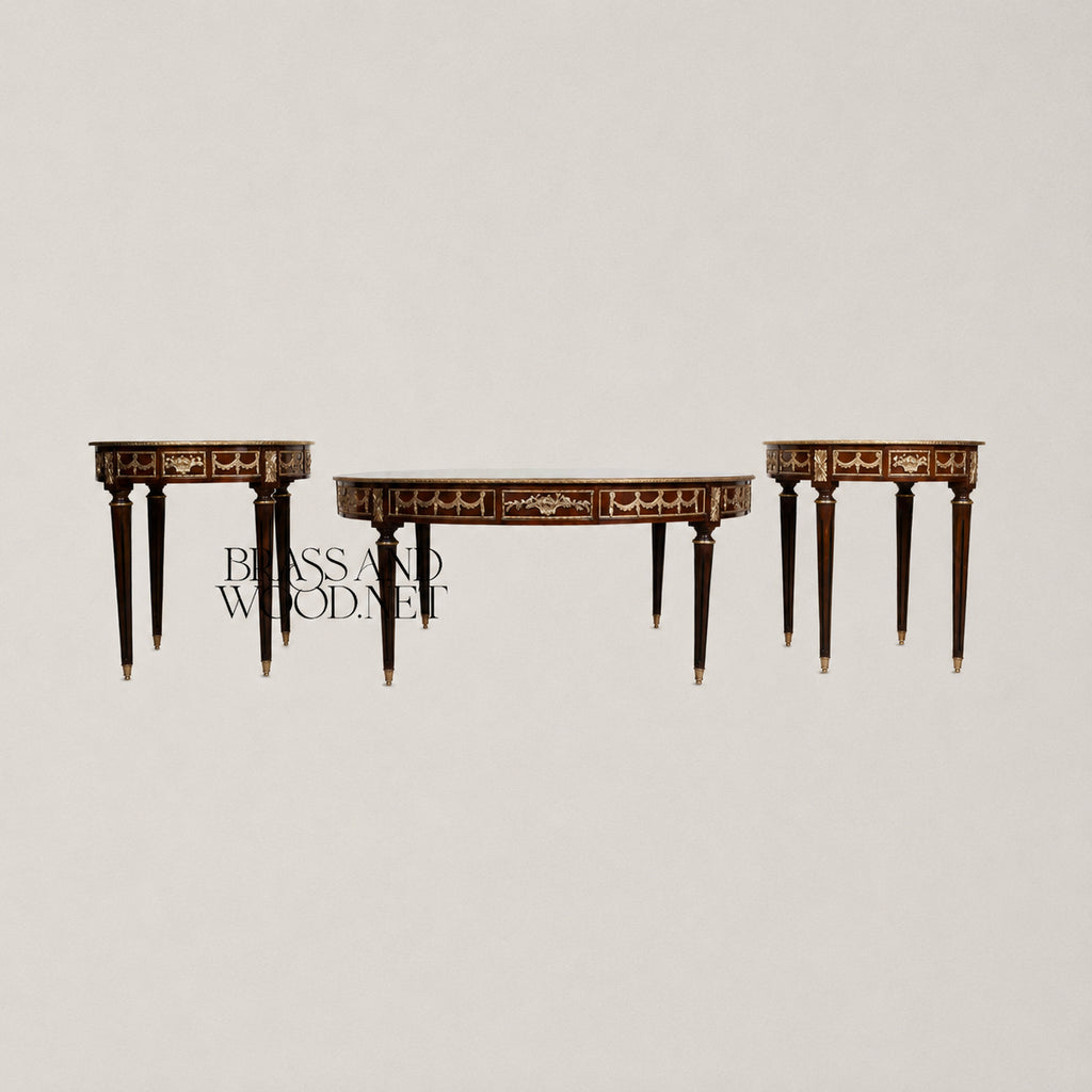 Brass-Trimmed Brown Marquetry Coffee & Corner Table Set