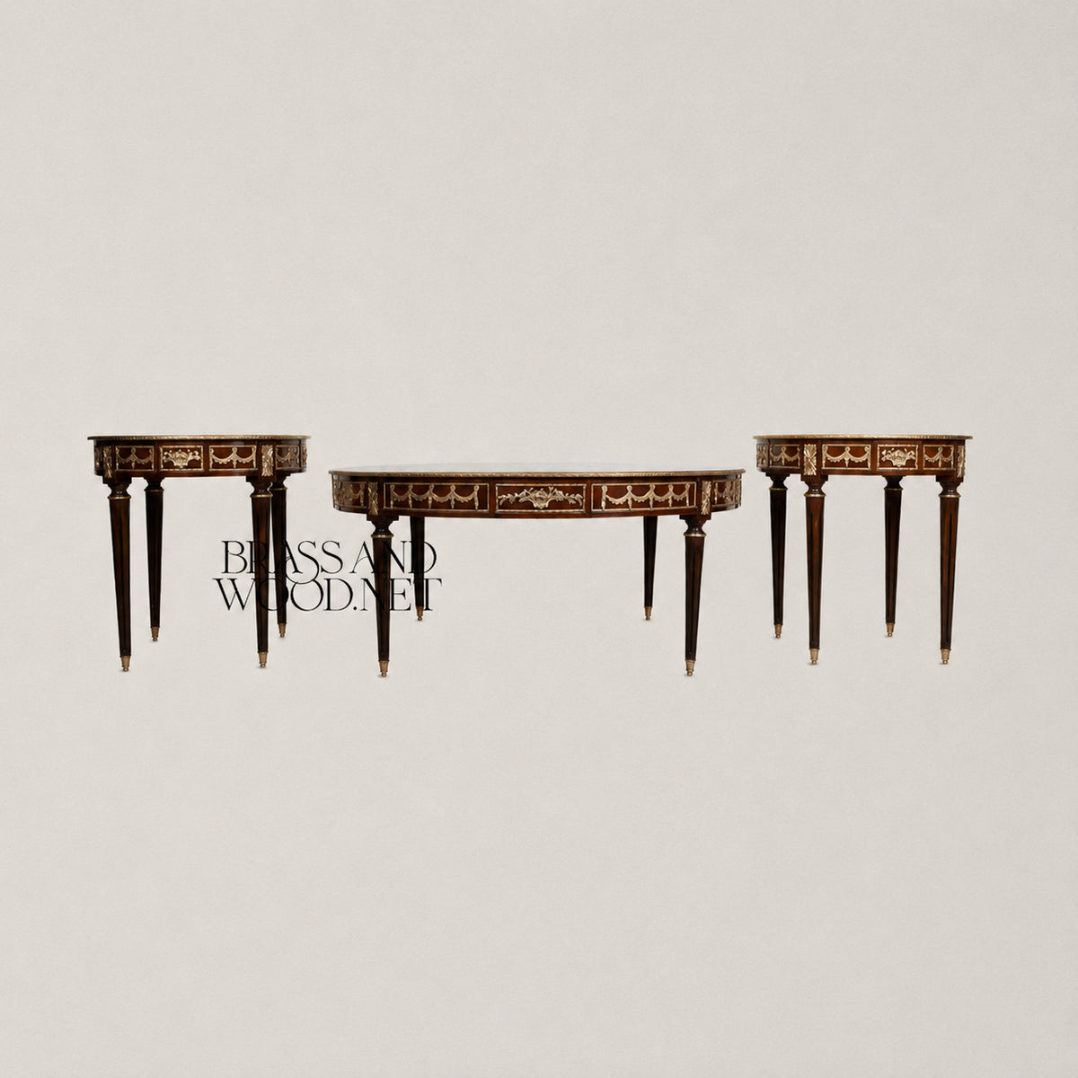 Brass-Trimmed Brown Marquetry Coffee & Corner Table Set