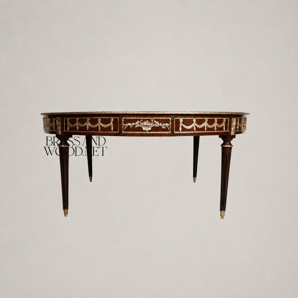 Brass-Trimmed Brown Marquetry Coffee & Corner Table Set