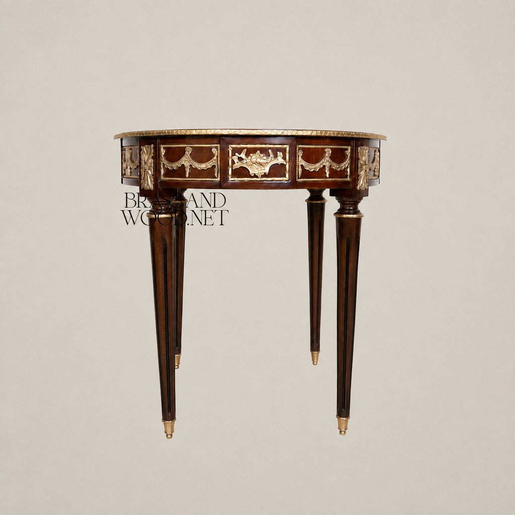 Brass-Trimmed Brown Marquetry Coffee & Corner Table Set