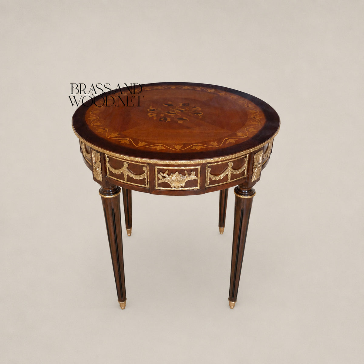 Brass-Trimmed Brown Marquetry Coffee & Corner Table Set